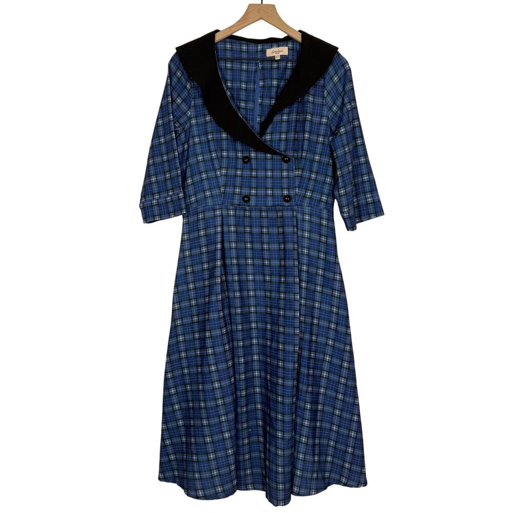Timeless London Swing Dress 10 Blue Tartan Plaid Double Breasted Rockabilly